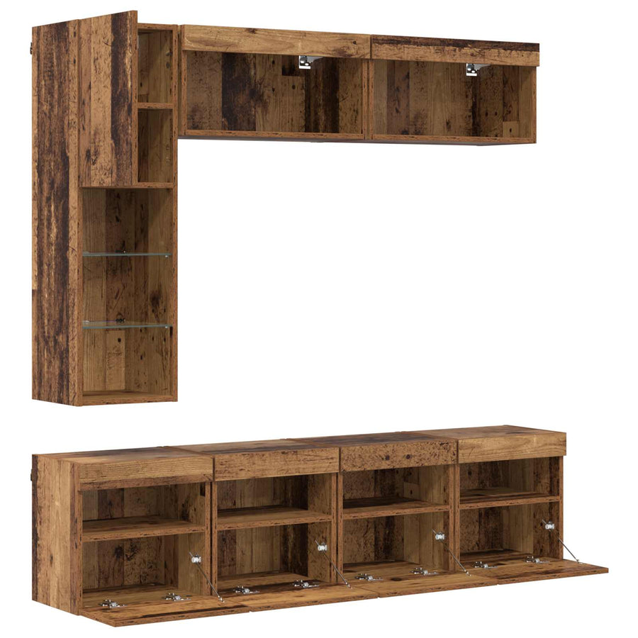 Tv-Kast Met Led-Striplichten 7 Pcs Oud Hout Bewerkt Hout