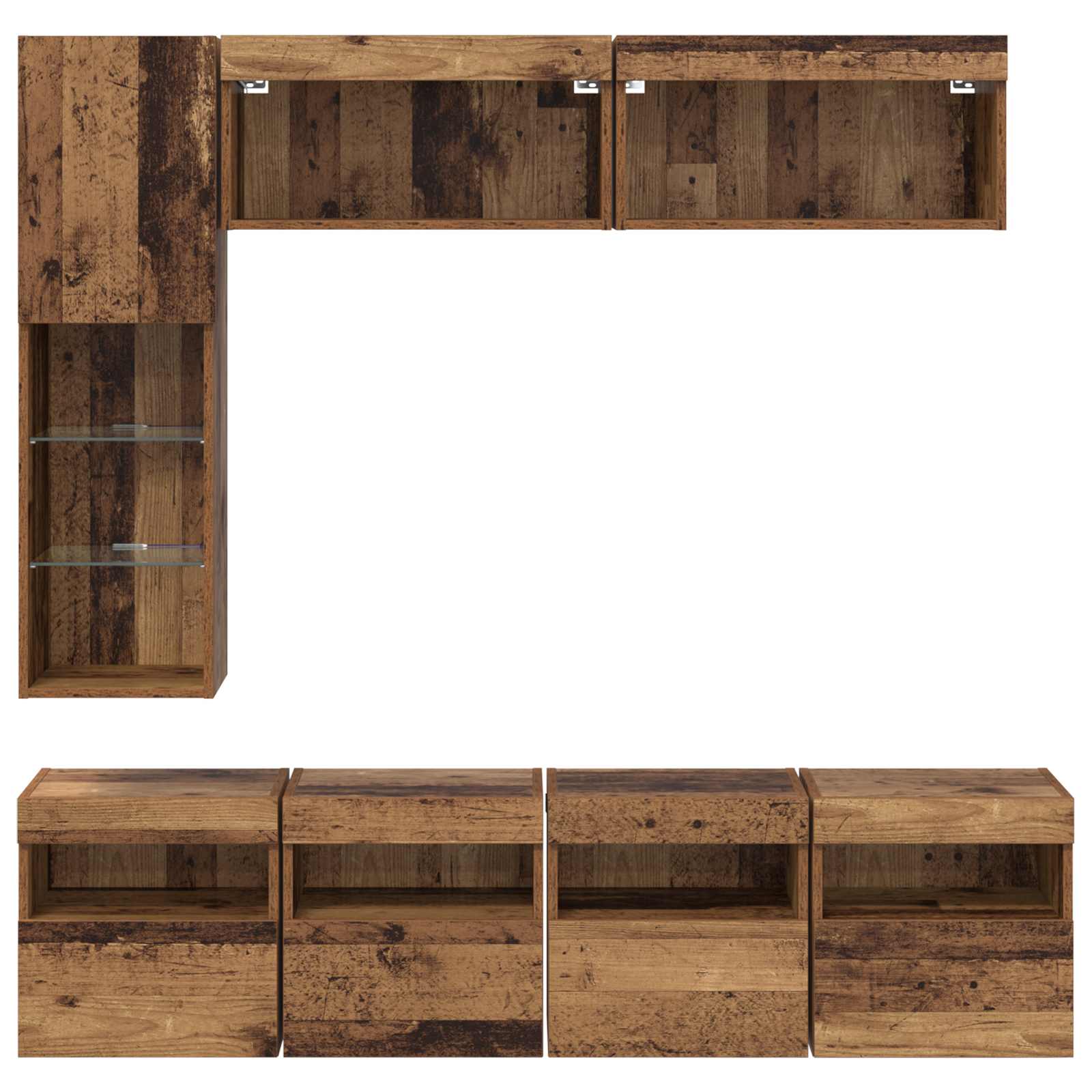 Tv-Kast Met Led-Striplichten 7 Pcs Oud Hout Bewerkt Hout
