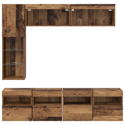 Tv-Kast Met Led-Striplichten 7 Pcs Oud Hout Bewerkt Hout