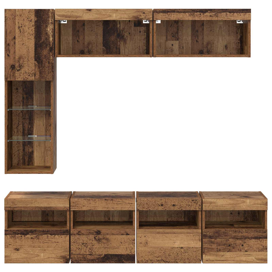 Tv-Kast Met Led-Striplichten 7 Pcs Oud Hout Bewerkt Hout