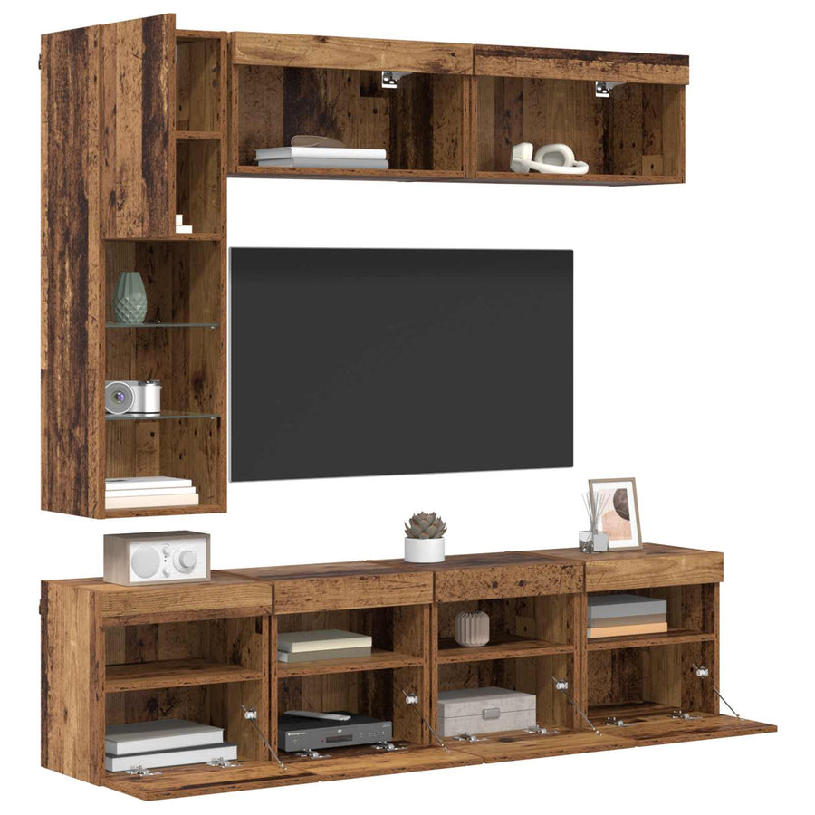 Tv-Kast Met Led-Striplichten 7 Pcs Oud Hout Bewerkt Hout