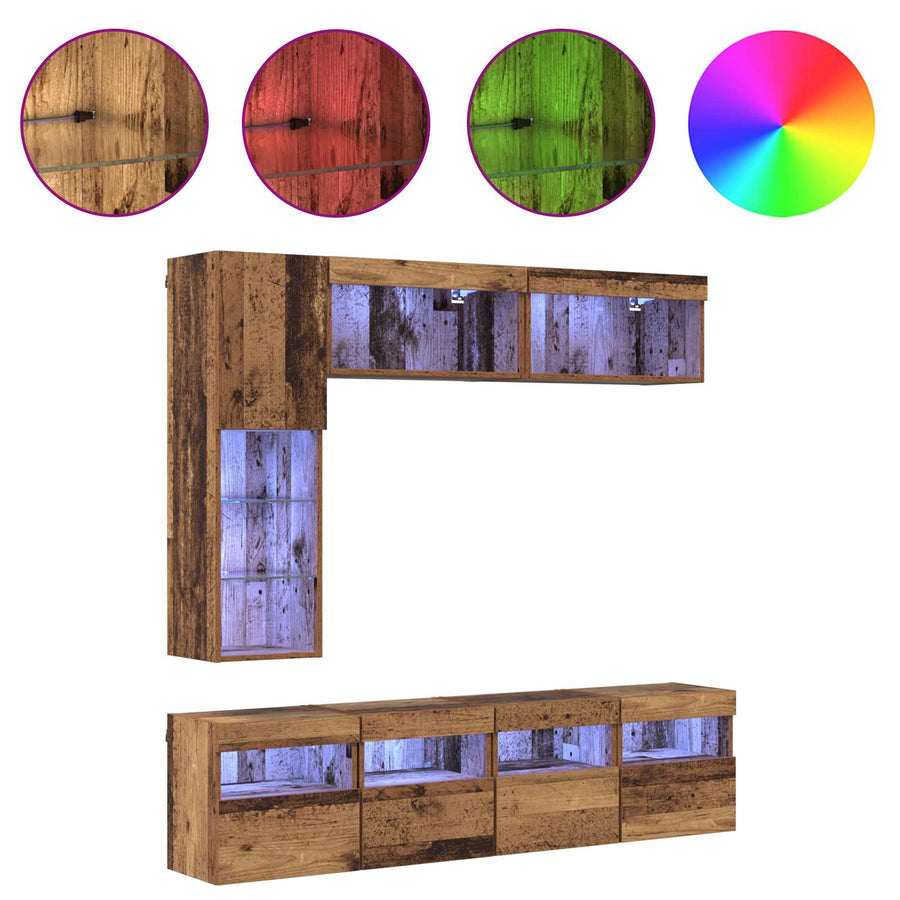 Tv-Kast Met Led-Striplichten 7 Pcs Oud Hout Bewerkt Hout