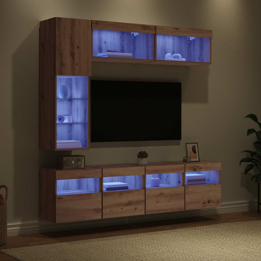 Tv-Kast Met Led-Striplichten 7 Pcs Artisan Eiken Bewerkt Hout