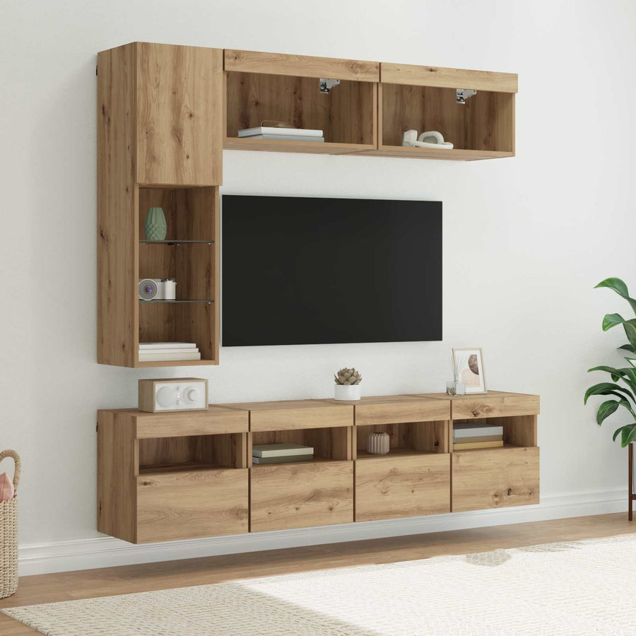 Tv-Kast Met Led-Striplichten 7 Pcs Artisan Eiken Bewerkt Hout