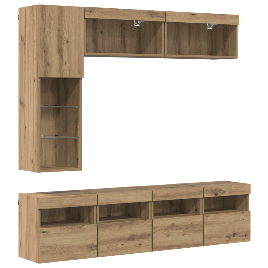 Tv-Kast Met Led-Striplichten 7 Pcs Artisan Eiken Bewerkt Hout
