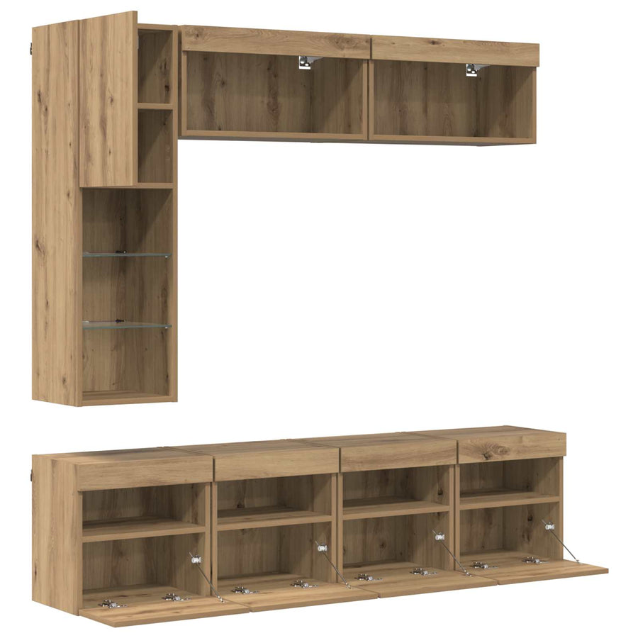 Tv-Kast Met Led-Striplichten 7 Pcs Artisan Eiken Bewerkt Hout