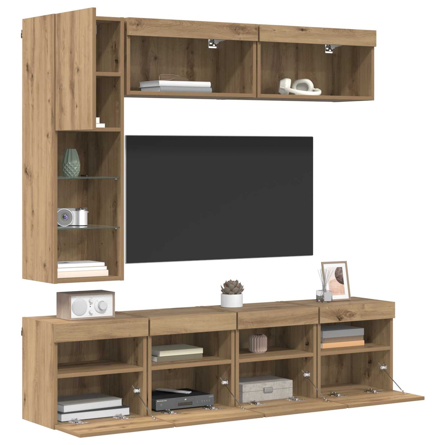 Tv-Kast Met Led-Striplichten 7 Pcs Artisan Eiken Bewerkt Hout