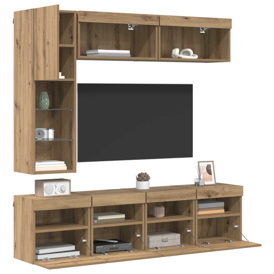 Tv-Kast Met Led-Striplichten 7 Pcs Artisan Eiken Bewerkt Hout