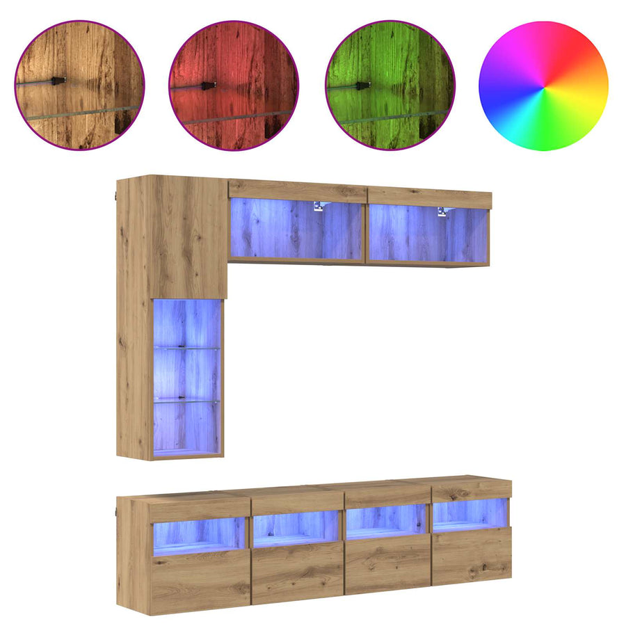 Tv-Kast Met Led-Striplichten 7 Pcs Artisan Eiken Bewerkt Hout