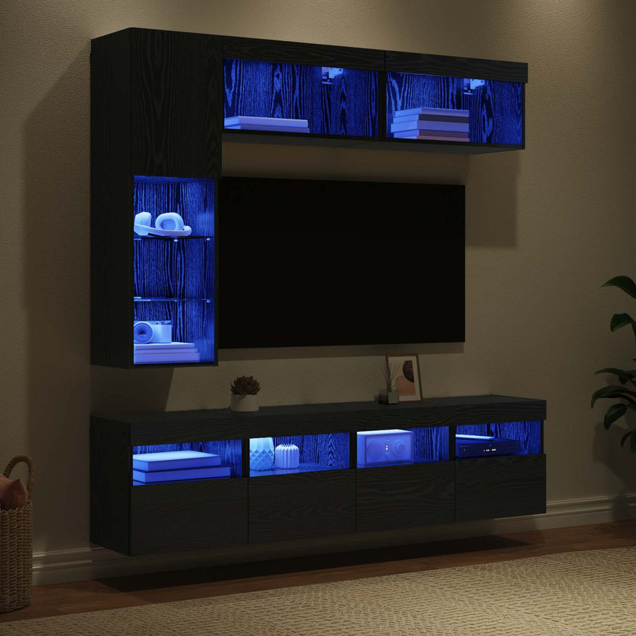 Tv-Kast Met Led Wandgemonteerd 7 Pcs Zwart Eiken Bewerkt Hout