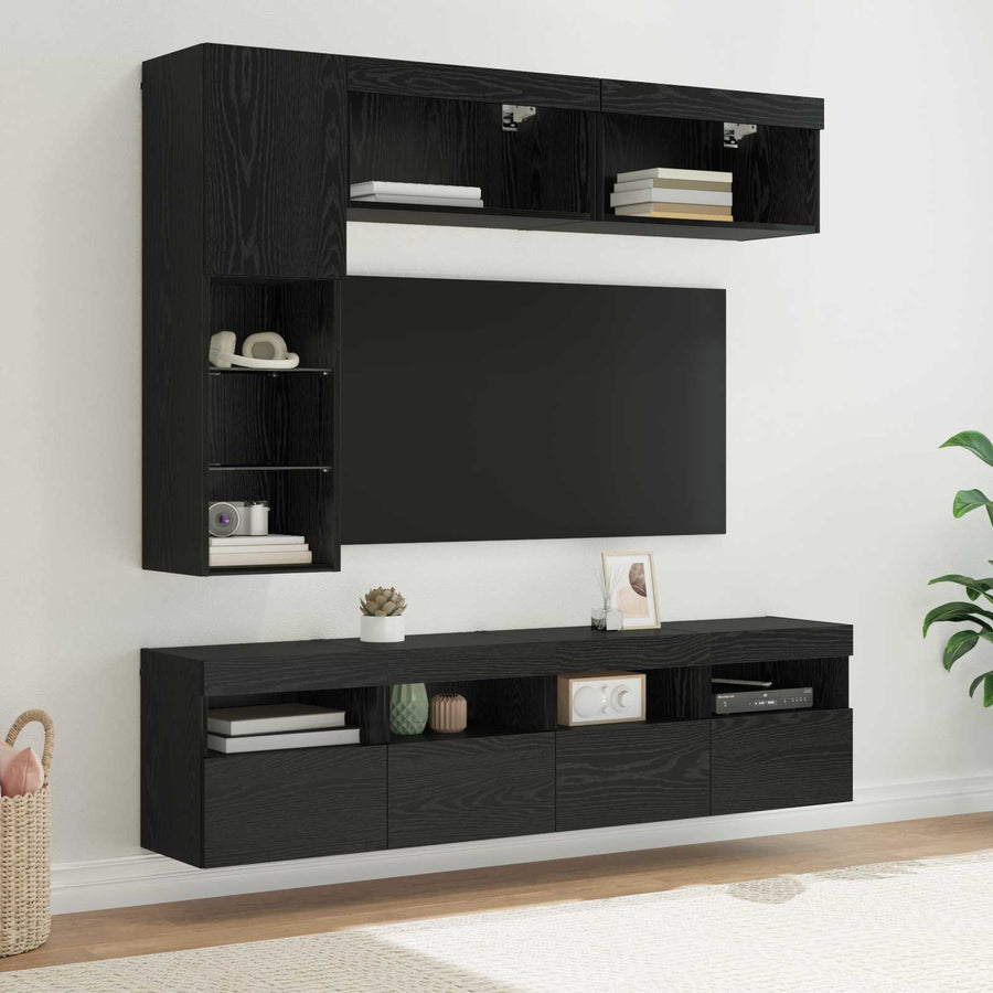 Tv-Kast Met Led Wandgemonteerd 7 Pcs Zwart Eiken Bewerkt Hout