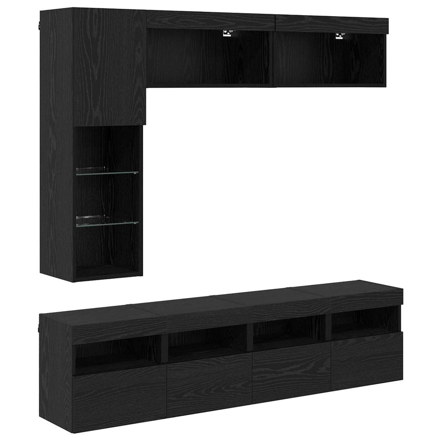 Tv-Kast Met Led Wandgemonteerd 7 Pcs Zwart Eiken Bewerkt Hout