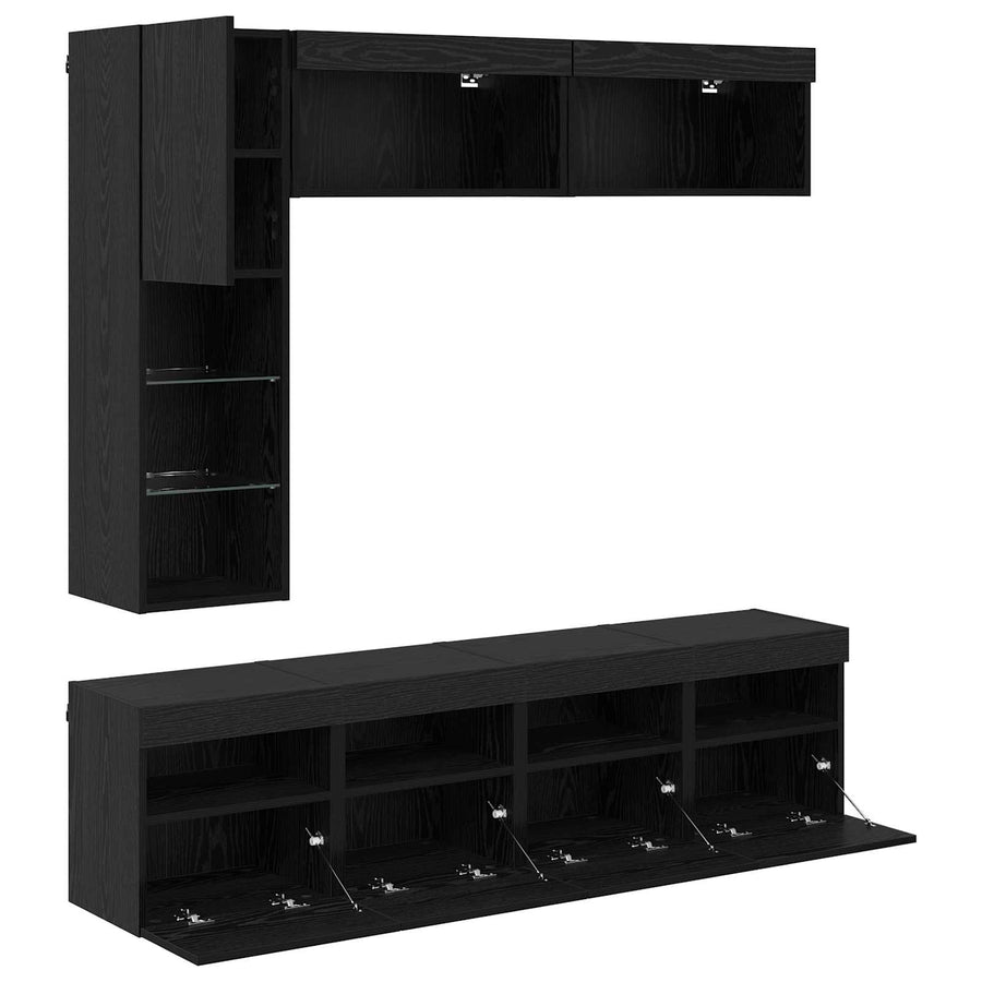 Tv-Kast Met Led Wandgemonteerd 7 Pcs Zwart Eiken Bewerkt Hout