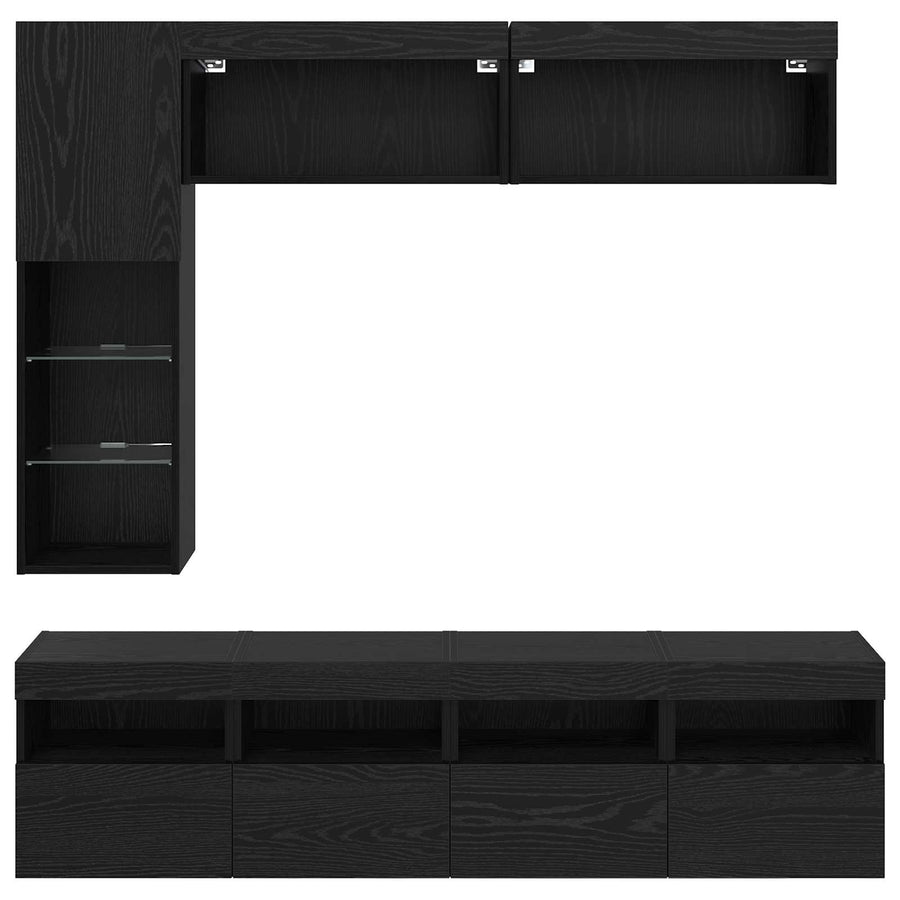 Tv-Kast Met Led Wandgemonteerd 7 Pcs Zwart Eiken Bewerkt Hout