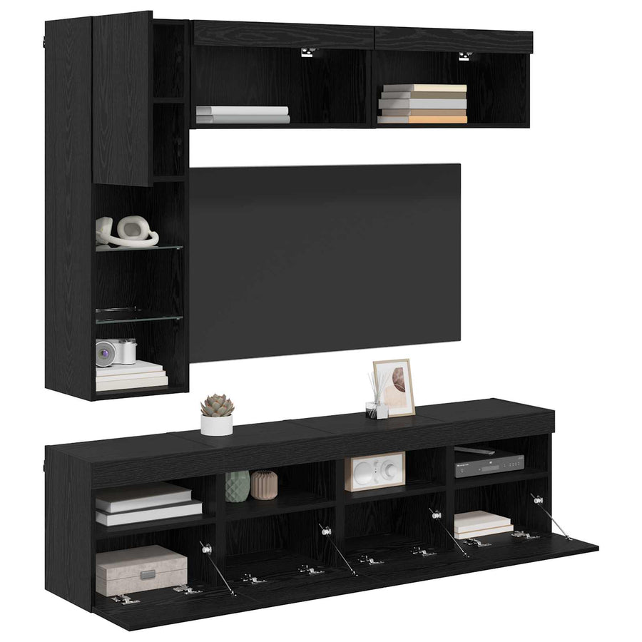 Tv-Kast Met Led Wandgemonteerd 7 Pcs Zwart Eiken Bewerkt Hout