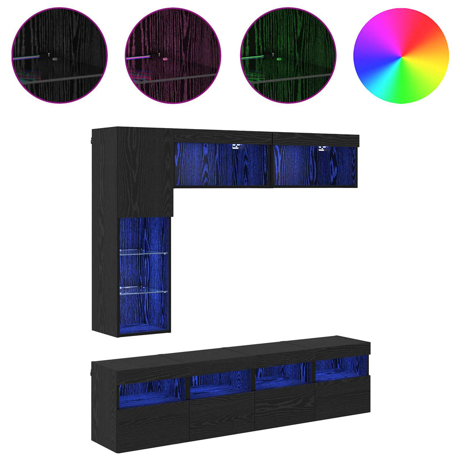 Tv-Kast Met Led Wandgemonteerd 7 Pcs Zwart Eiken Bewerkt Hout