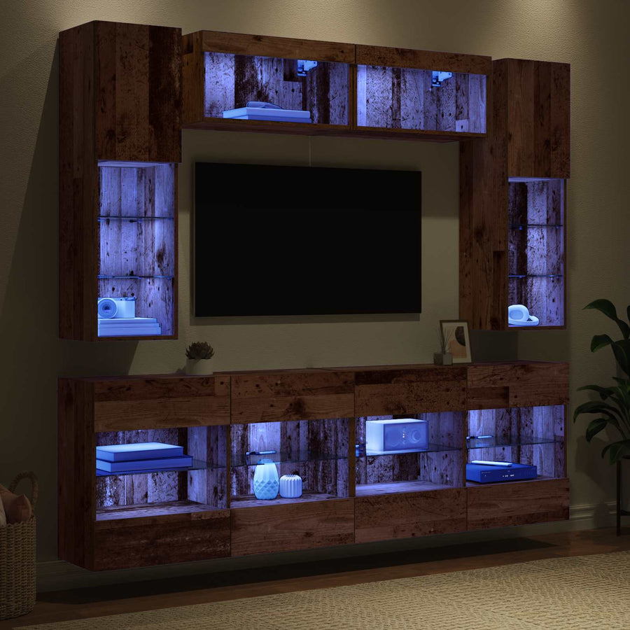 TV Wandkast Set met LED 6 pcs Oudhout Bewerkt hout