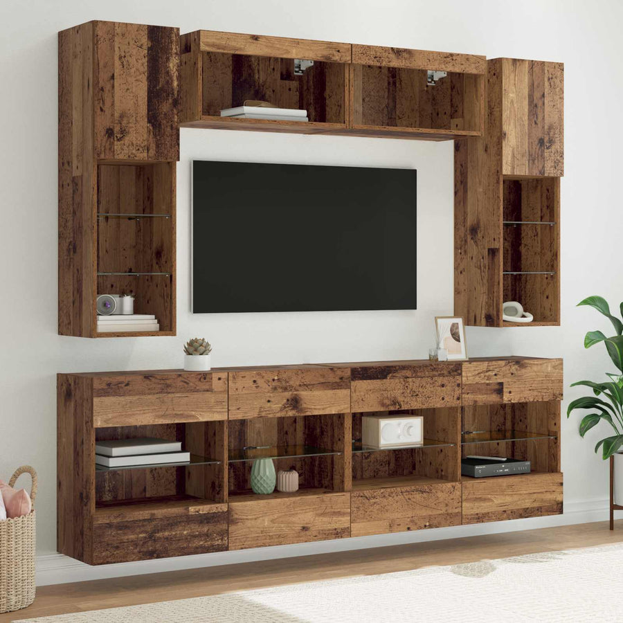 TV Wandkast Set met LED 6 pcs Oudhout Bewerkt hout