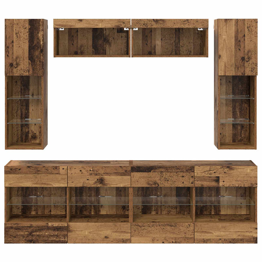 TV Wandkast Set met LED 6 pcs Oudhout Bewerkt hout