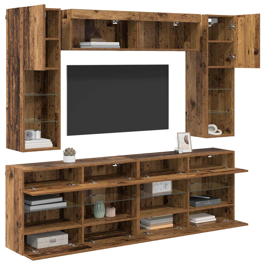 TV Wandkast Set met LED 6 pcs Oudhout Bewerkt hout