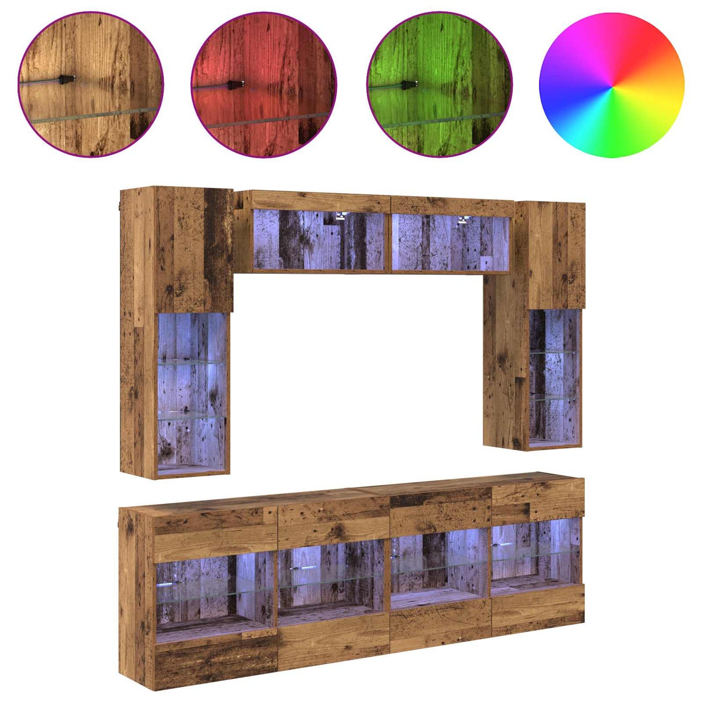 TV Wandkast Set met LED 6 pcs Oudhout Bewerkt hout