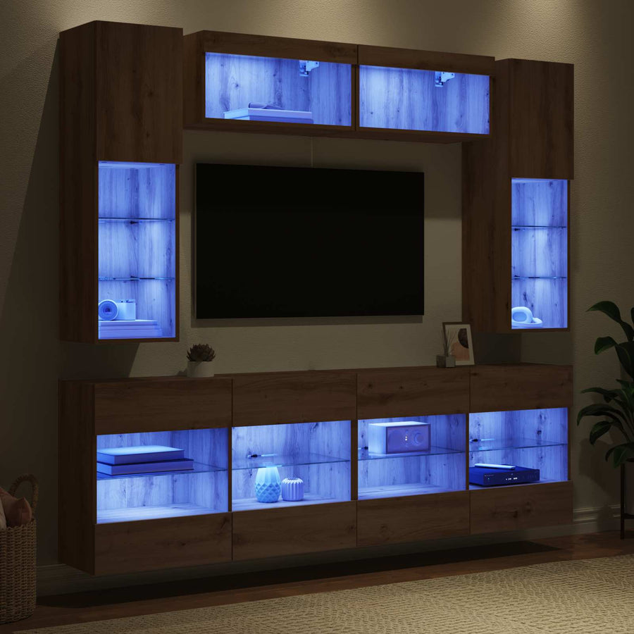 TV Wandkast Set met LED 6 pcs Artisan Eik Bewerkt hout
