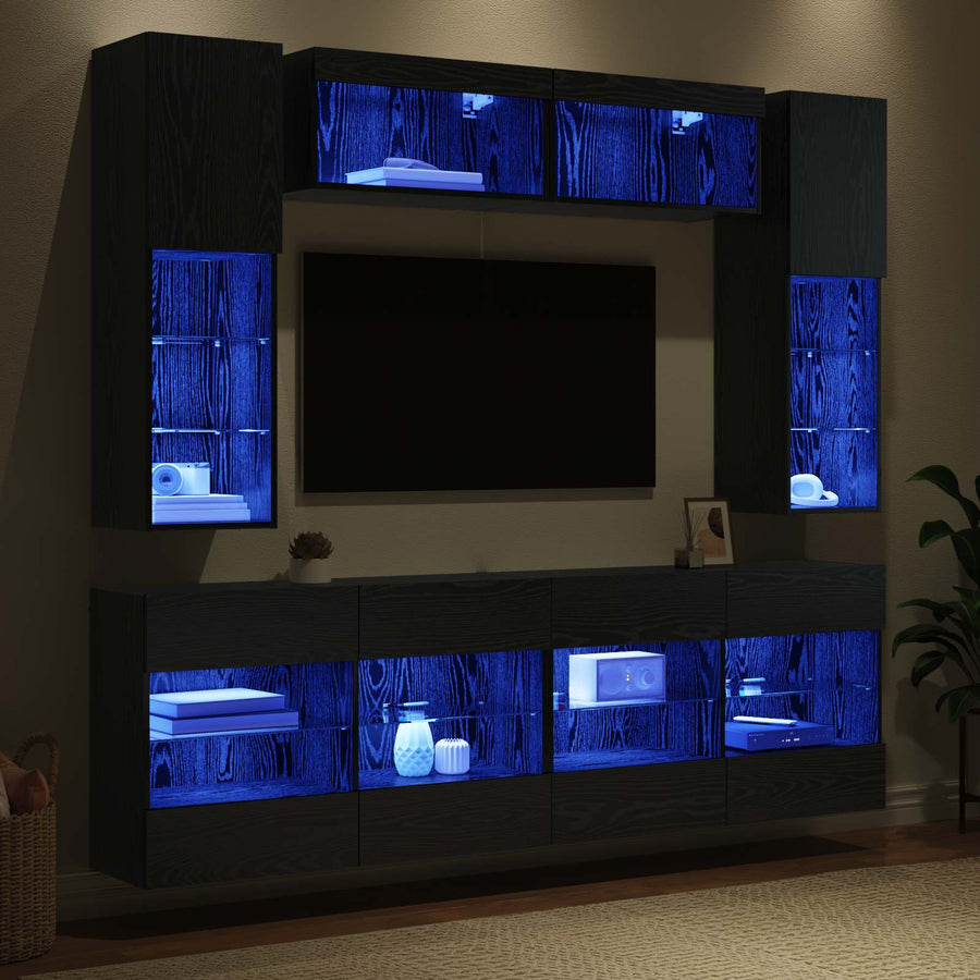 TV-wandkastenset met LED-verlichting 6-delig Zwart eiken Bewerkt hout