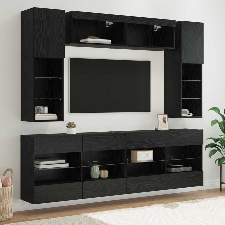 TV-wandkastenset met LED-verlichting 6-delig Zwart eiken Bewerkt hout