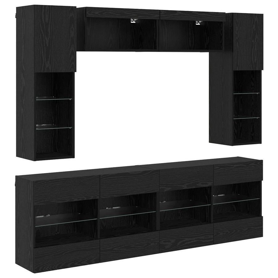 TV-wandkastenset met LED-verlichting 6-delig Zwart eiken Bewerkt hout