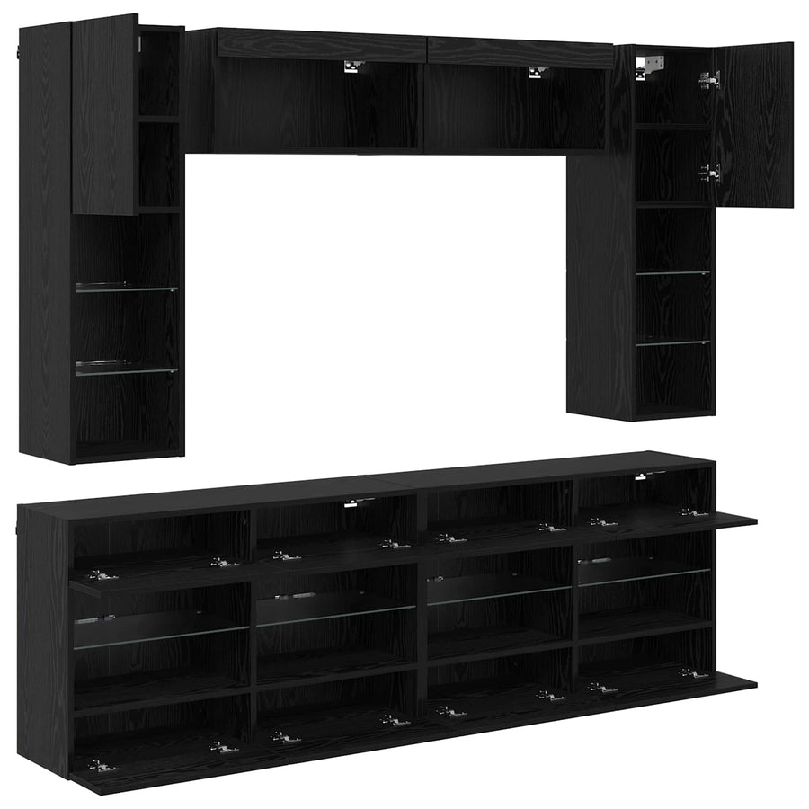 TV-wandkastenset met LED-verlichting 6-delig Zwart eiken Bewerkt hout