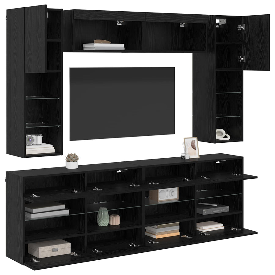 TV-wandkastenset met LED-verlichting 6-delig Zwart eiken Bewerkt hout