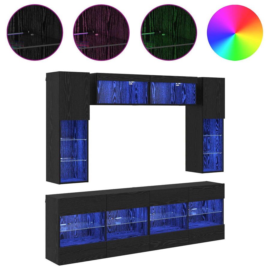 TV-wandkastenset met LED-verlichting 6-delig Zwart eiken Bewerkt hout