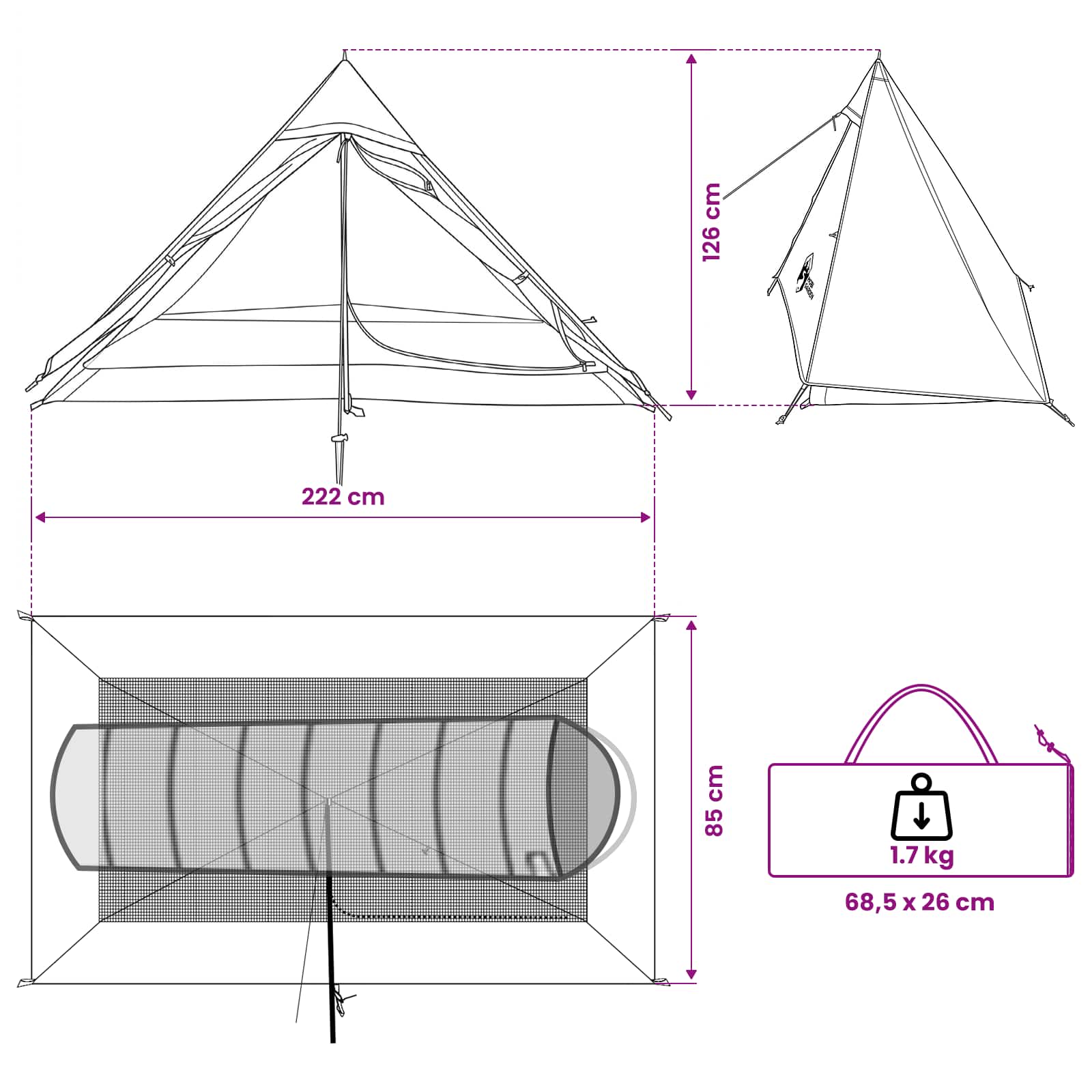 Backpacking Tent Blauw 222 x 85 x 125 cm