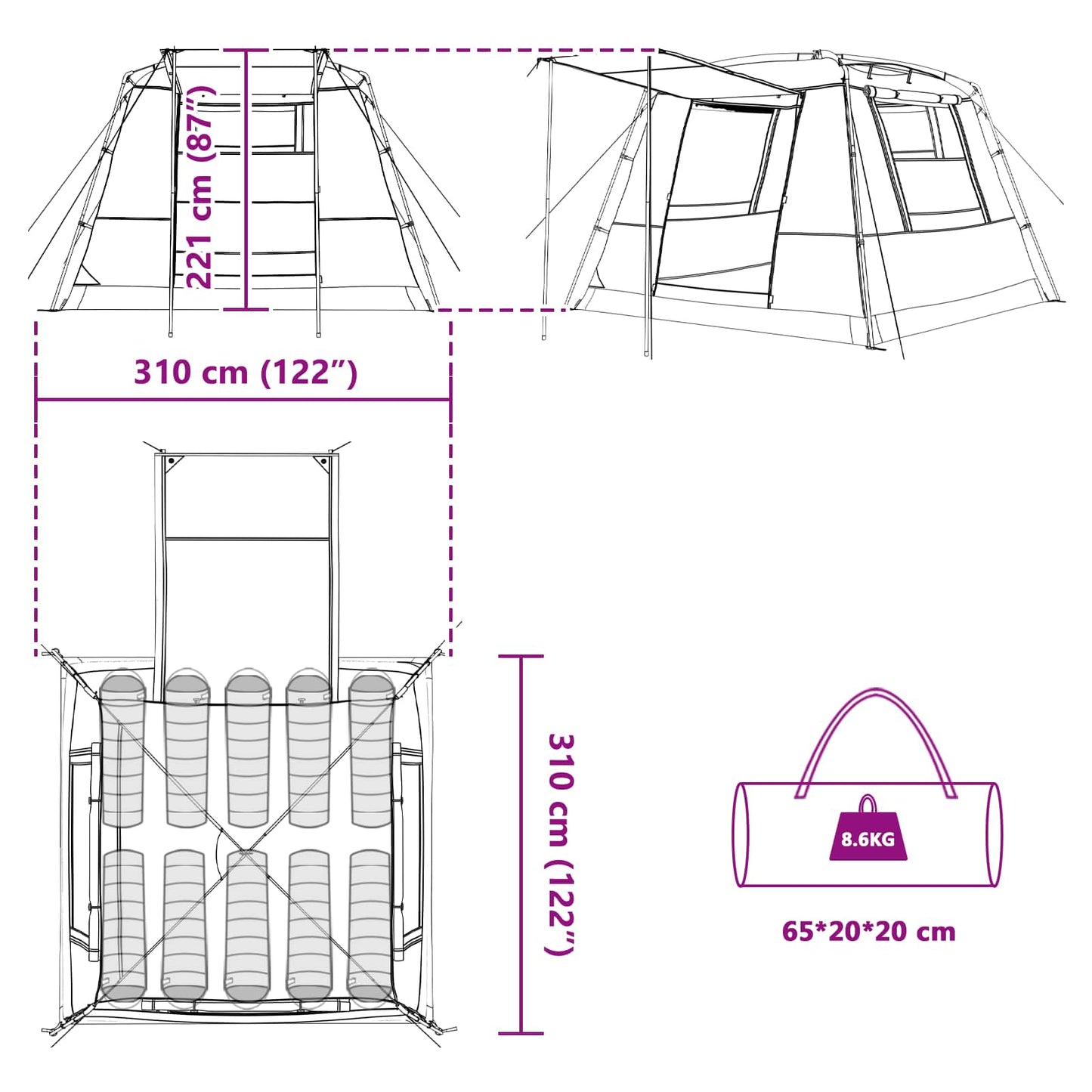 Toilet Tent Blauw 10-persoons 185T Polyester met PU Coating