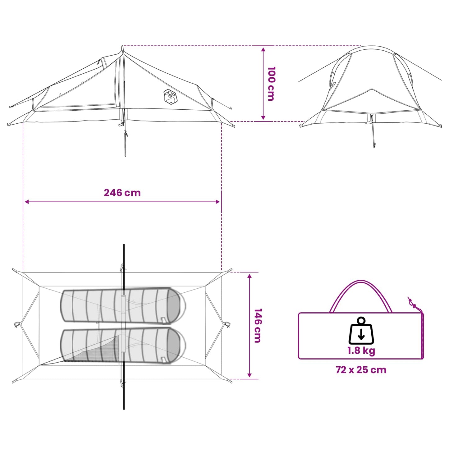 Backpacking Tent Groen 2-persoons 185T Polyester met PU Coating