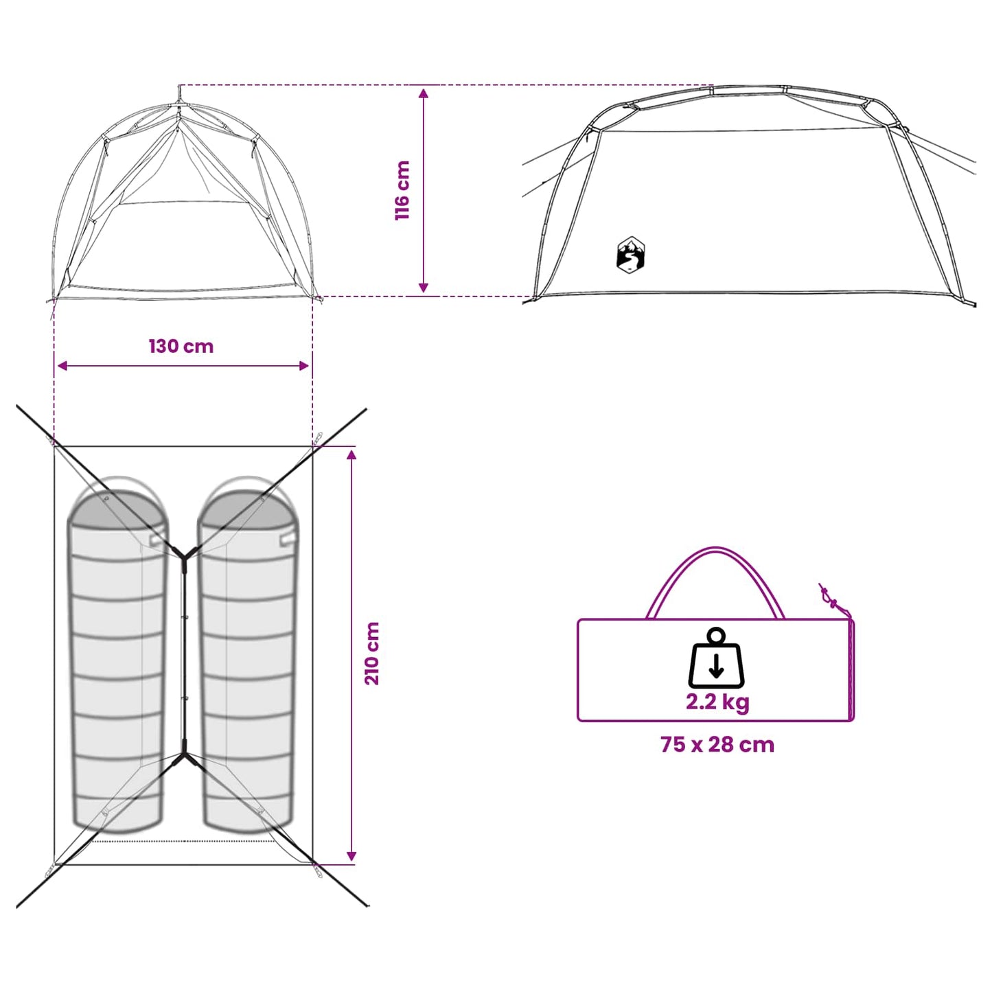 Tunneltent Camouflage 2-persoons 185T Polyester met PU Coating