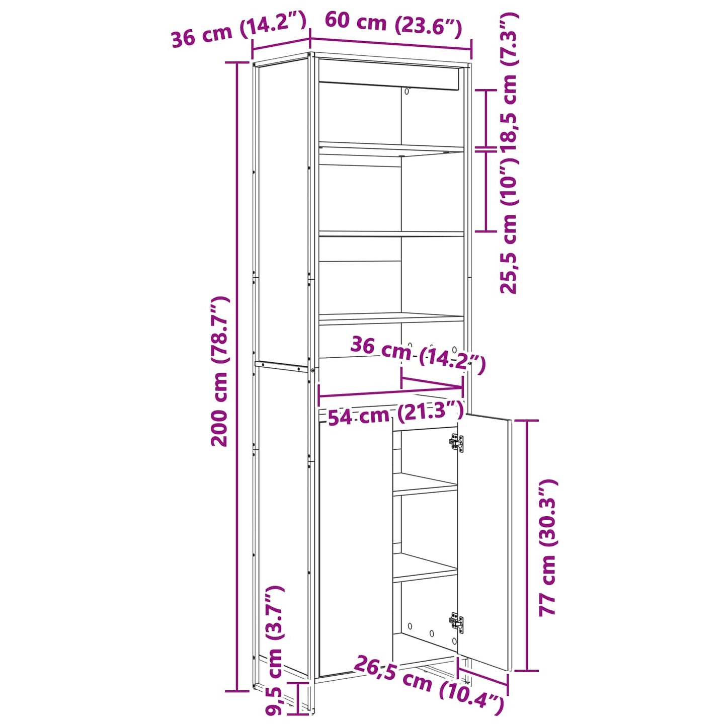 Hoge Kasten 2 pcs Zwart Eiken 60 x 36 x 300 cm Bewerkt hout