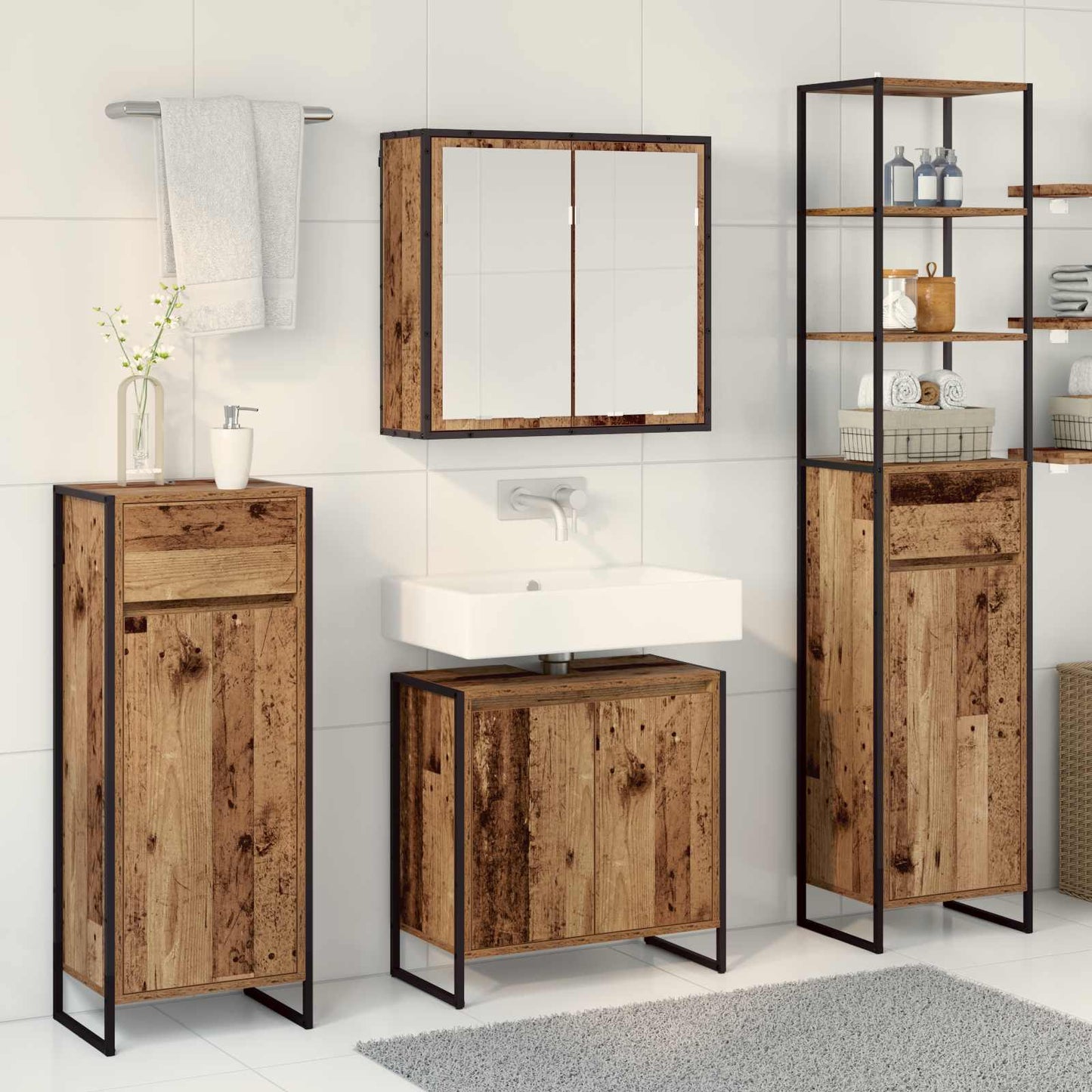 Badkamermeubelset met lade met plank Oudhout Bewerkt hout