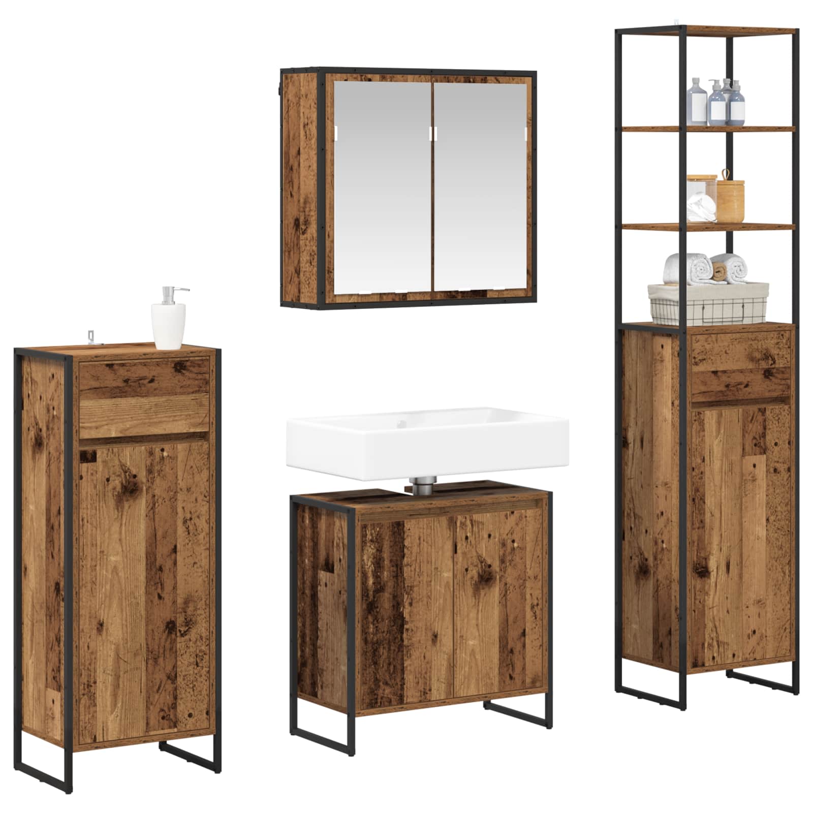 Badkamermeubelset met lade met plank Oudhout Bewerkt hout