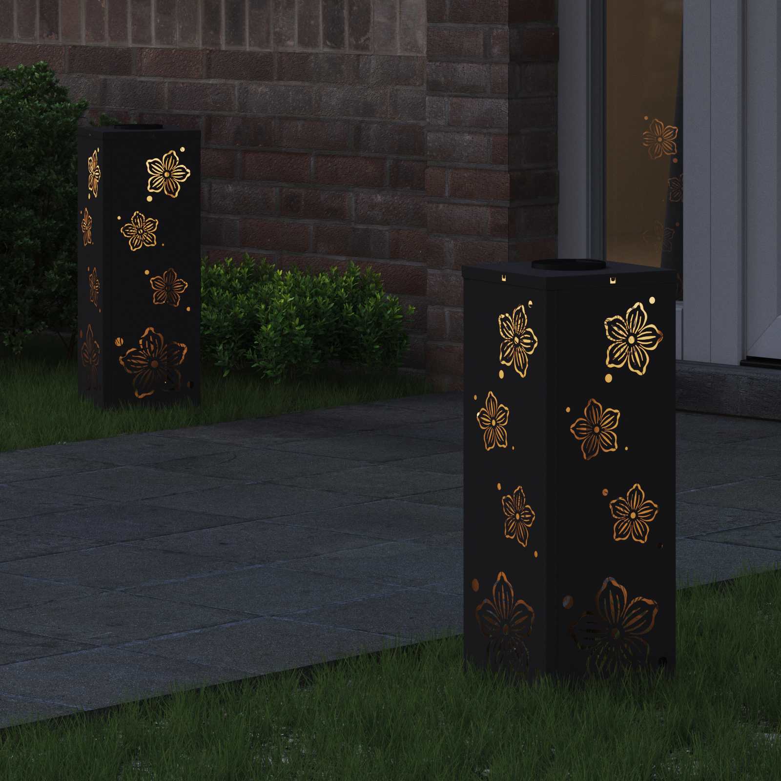 Solar Led Pad Licht 2 Pcs Koudgewalst Staal 18 x 18 x 50 cm Zwart Vijf-blaadjes bloem