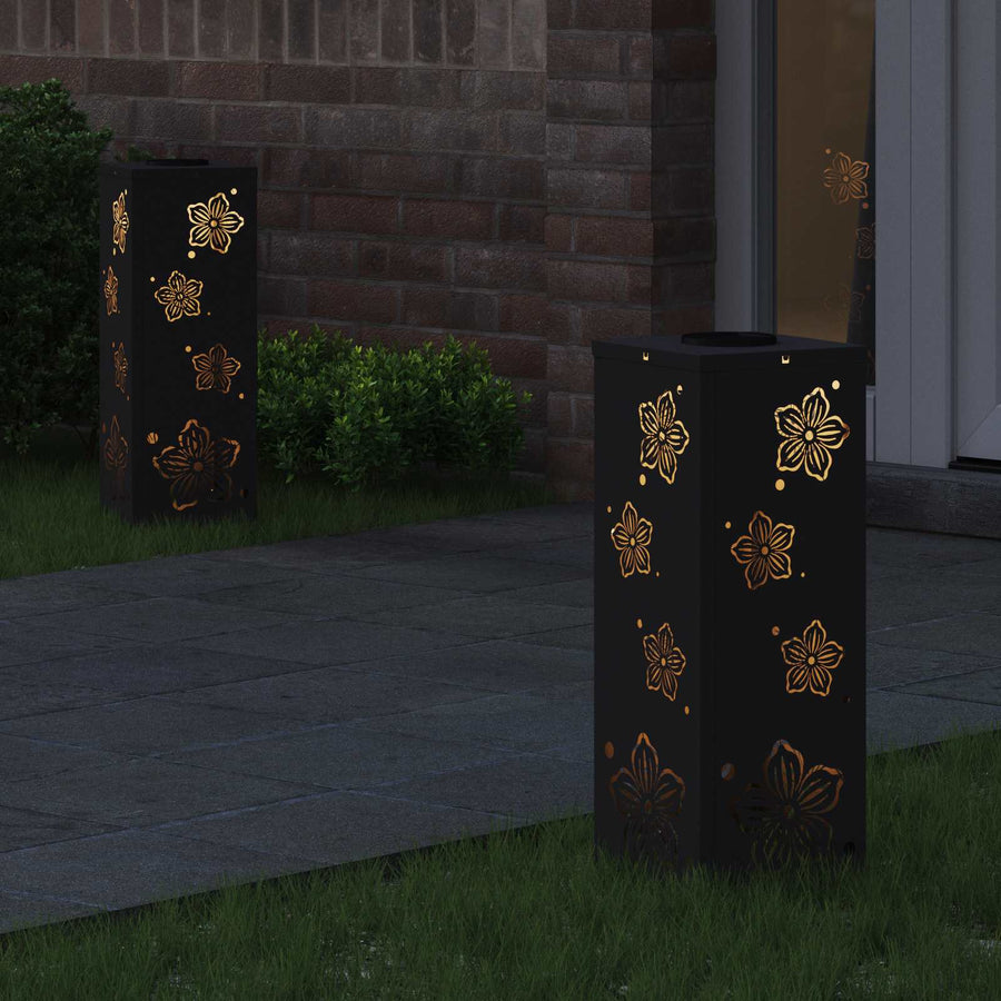 Solar Led Pad Licht 2 Pcs Koudgewalst Staal 18 x 18 x 50 cm Zwart Vijf-blaadjes bloem