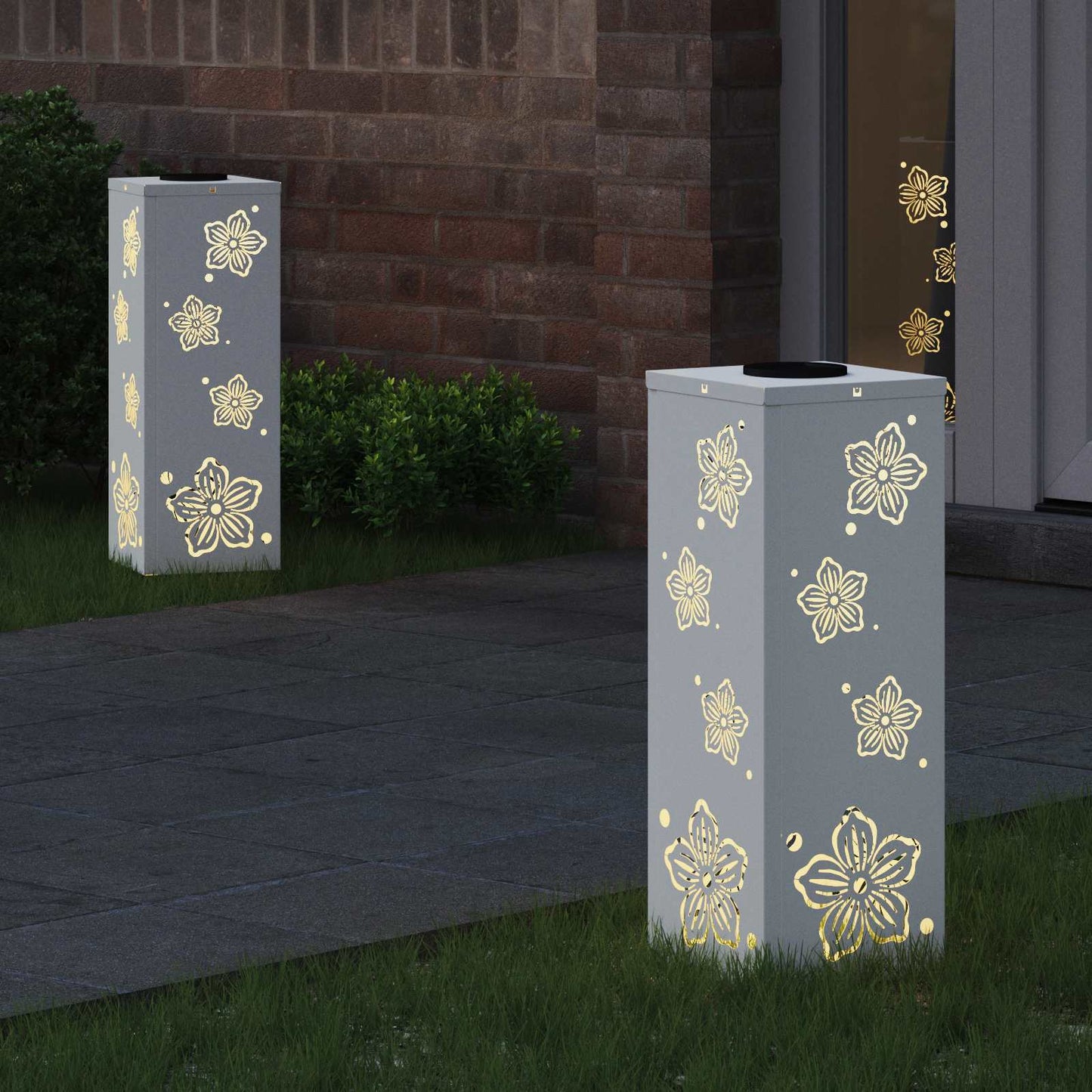 Solar Led Pad Licht 2 Pcs Koudgewalst Staal 18 x 18 x 50 cm Wit Vijf-blaadjes bloem