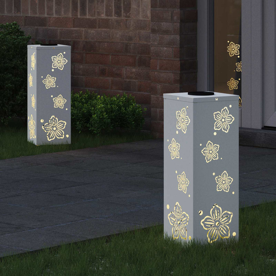 Solar Led Pad Licht 2 Pcs Koudgewalst Staal 18 x 18 x 50 cm Wit Vijf-blaadjes bloem