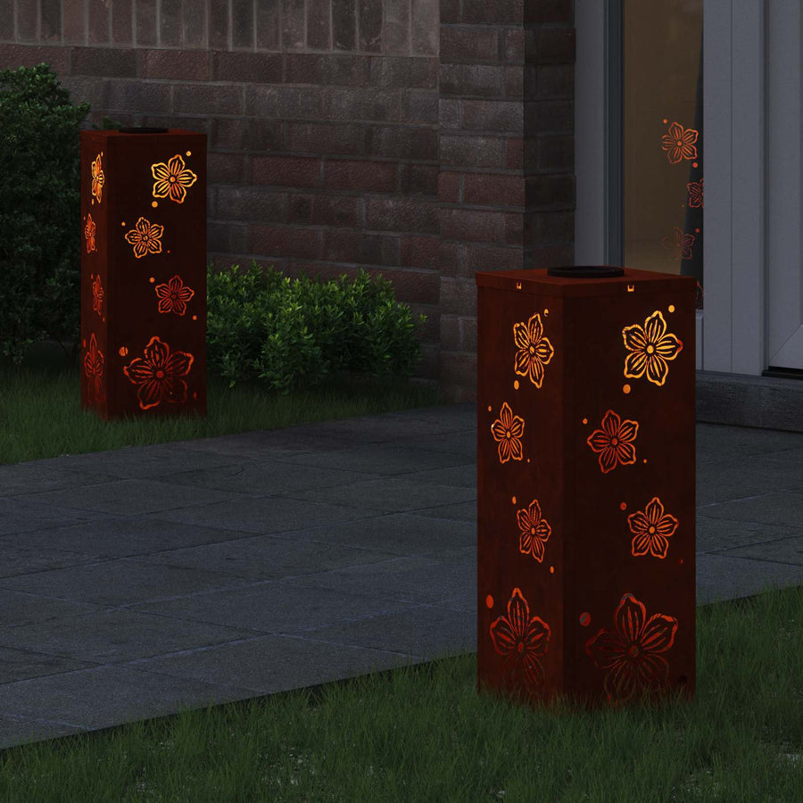 Solar Led Pad Licht 2 Pcs 18 x 18 x 50 cm Cortenstaal Vijf-blaadjes bloem