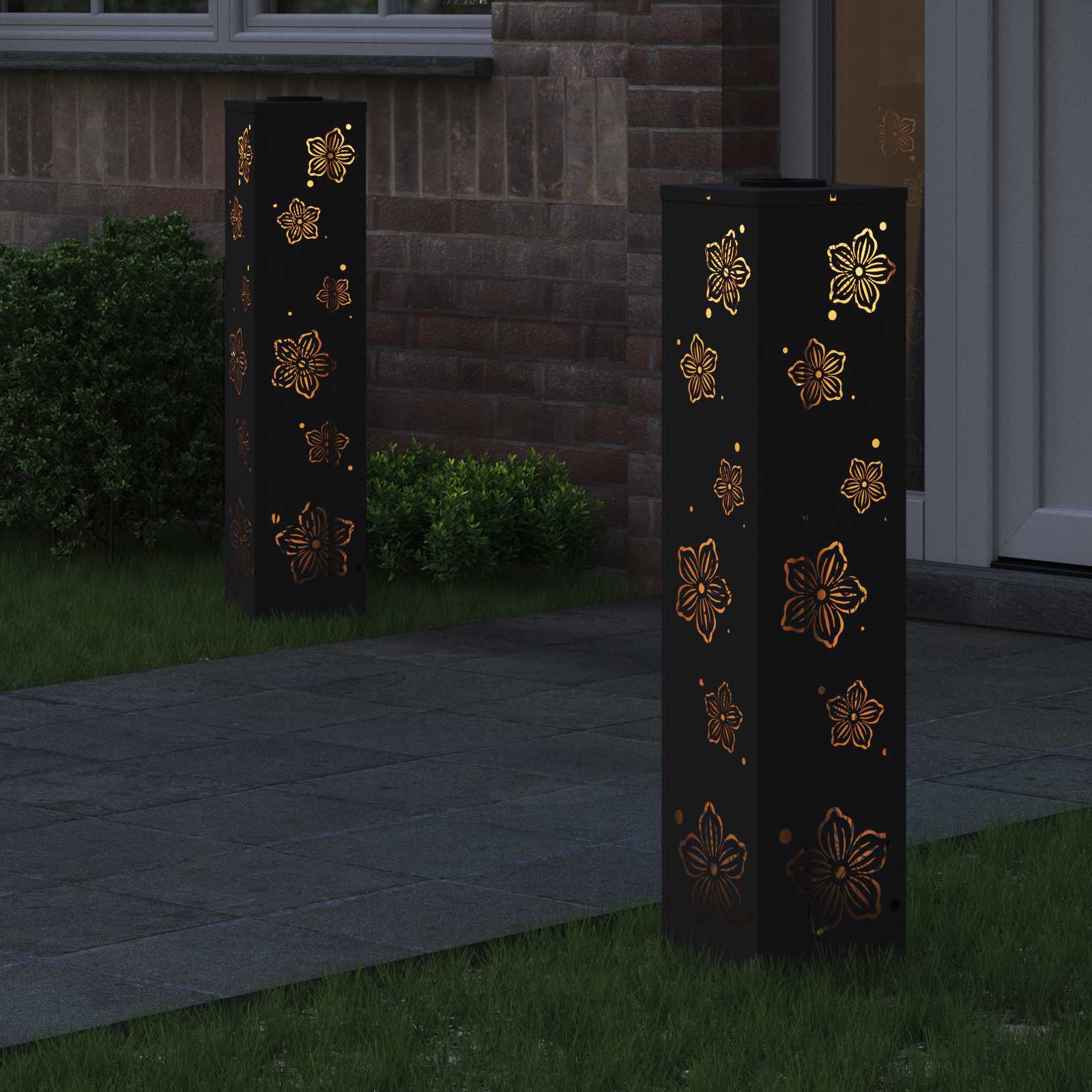 Solar Led Pad Licht 2 Pcs Koudgewalst Staal 18 x 18 x 80 cm Zwart Vijf-blaadjes bloem