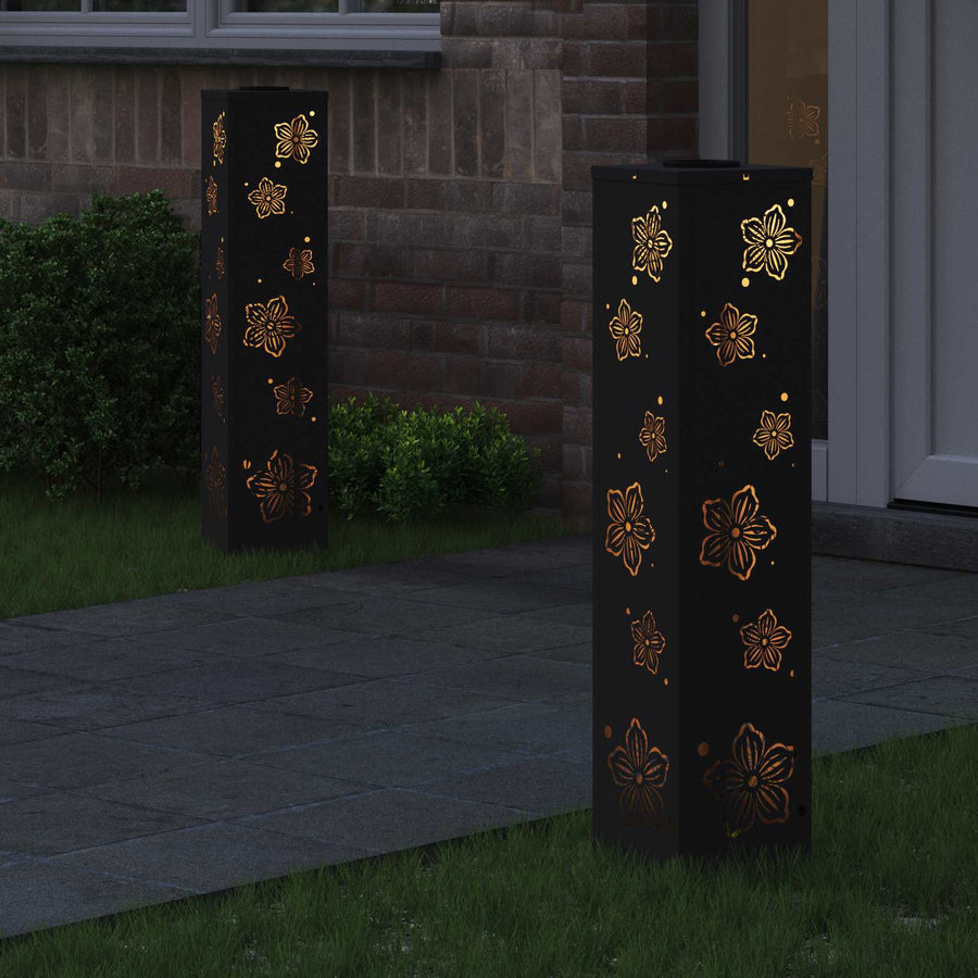 Solar Led Pad Licht 2 Pcs Koudgewalst Staal 18 x 18 x 80 cm Zwart Vijf-blaadjes bloem