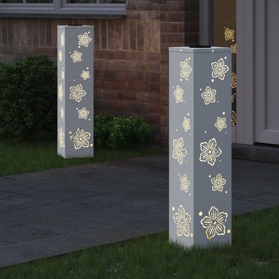 Solar Led Pad Licht 2 Pcs Koudgewalst Staal 18 x 18 x 80 cm Wit Vijf-blaadjes bloem