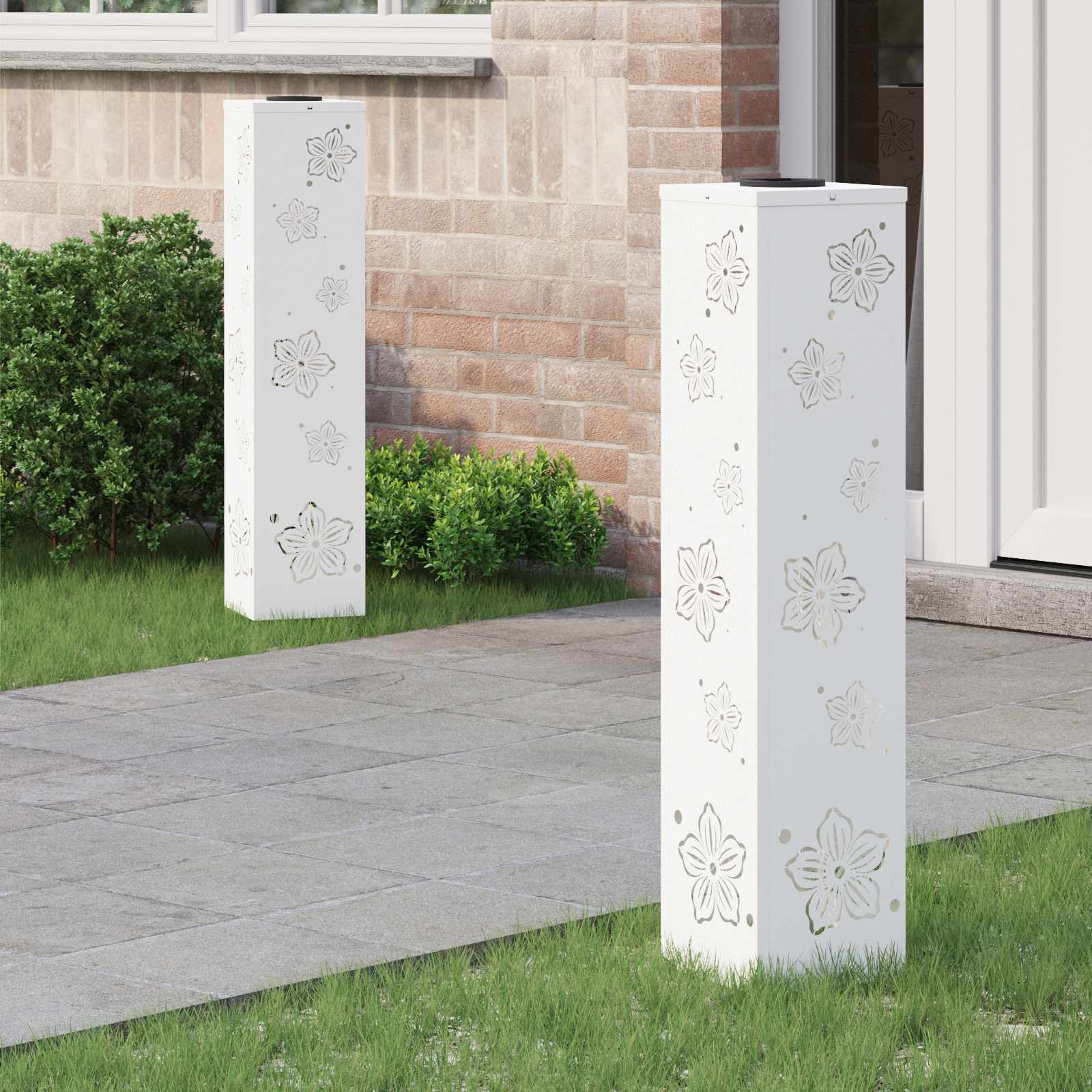 Solar Led Pad Licht 2 Pcs Koudgewalst Staal 18 x 18 x 80 cm Wit Vijf-blaadjes bloem