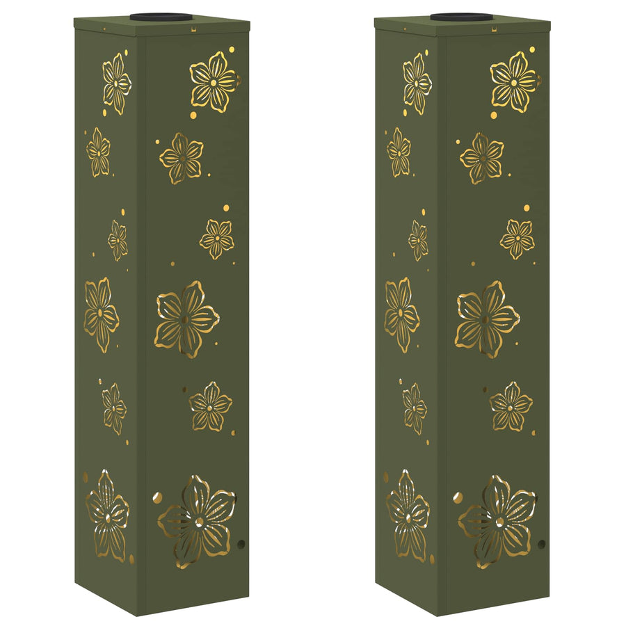 Solar Led Pad Licht 2 Pcs Olijf Groen Koudgewalst Staal 18 x 18 x 80 cm Olijfgroen Vijf-blaadjes bloem