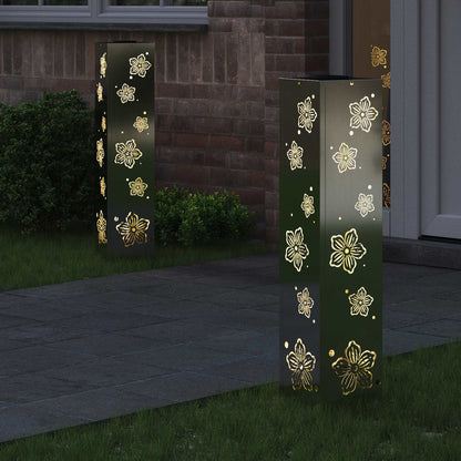 Solar Led Pad Licht 2 Pcs Gegalvaniseerd Gegalvaniseerd 18 x 18 x 80 cm Geëgalvaniseerd staal Vijf-blaadjes bloem